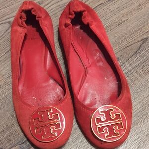 Tory Burch Red Leather Flats with Logo Medallion